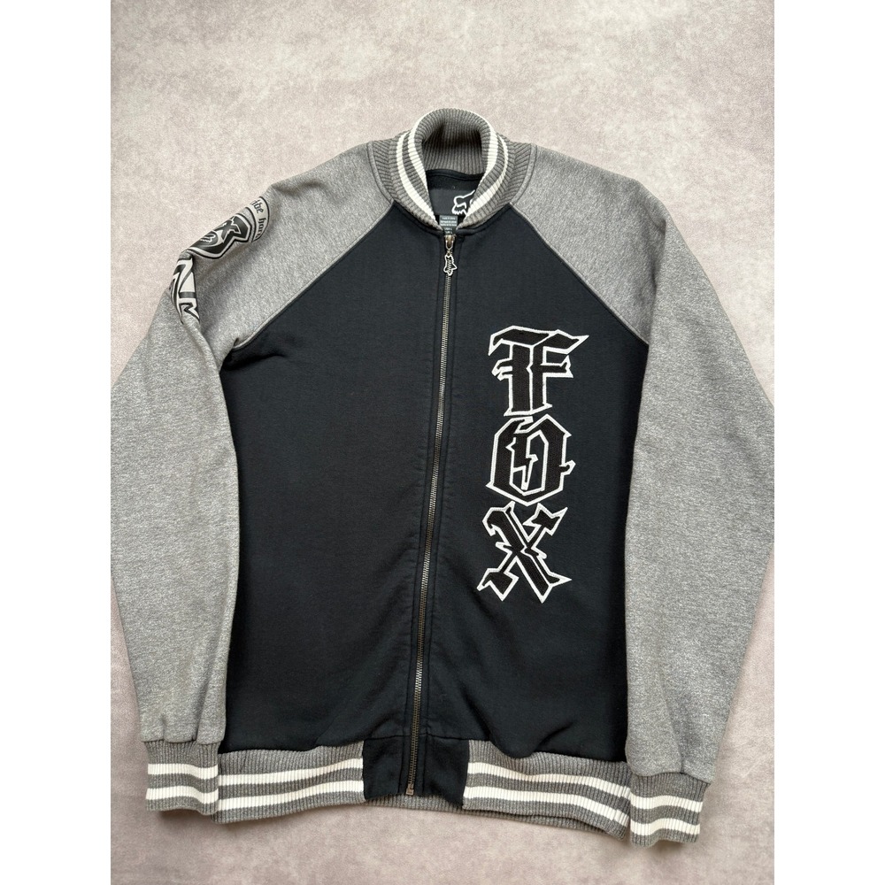 Fox Racing Full Zip Varsity Sweatshirt Black Gray Logo Patches Moto Womens L
